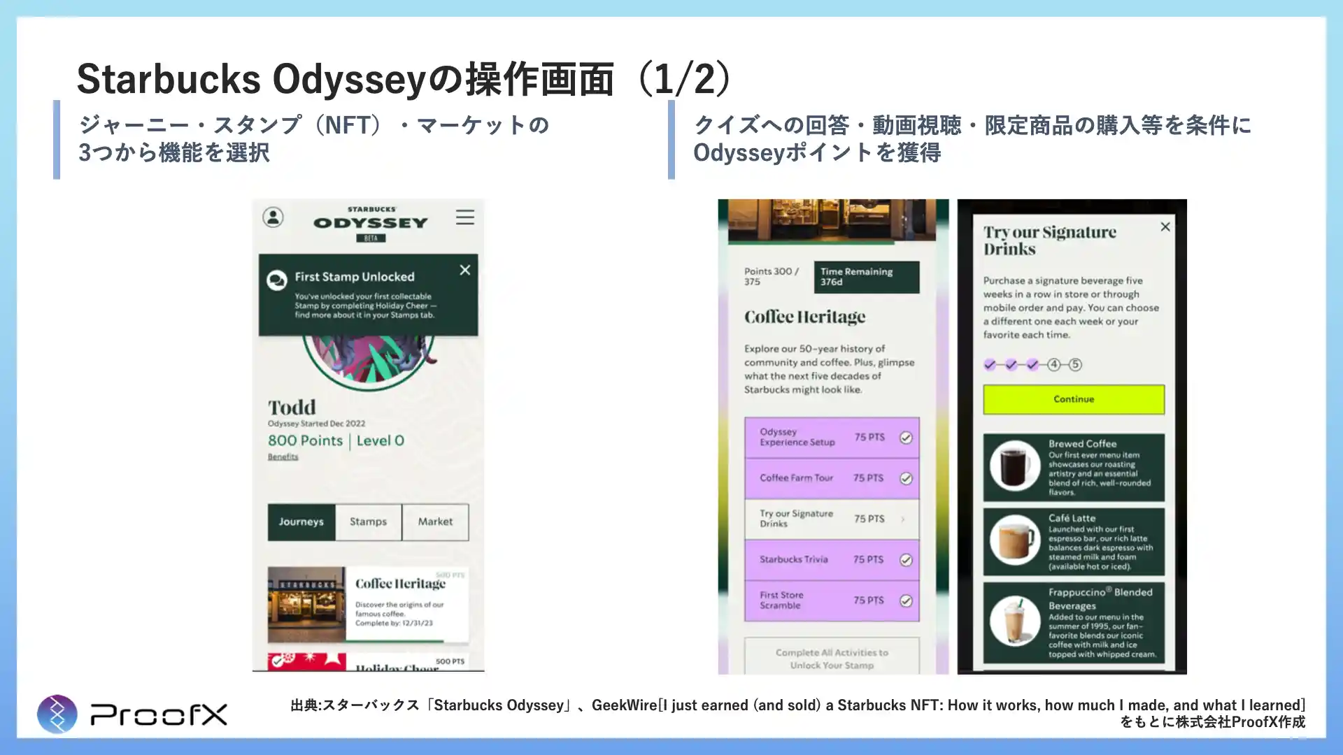 web3ロイヤルティプログラムstarbucks odysseyの操作画面（1/2）